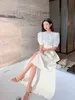 Basic & Casual Dresses Designer High end New French Hollow out Doll Neck Bubble Sleeve Waist Dress DH4N
