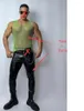 Desgaste de palco Club Carnival Party Rave Outfit Masculino DJ Gogo Sexy Black Mesh Strass Colete Tops Calças De Couro Pole Dance Costume