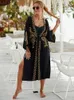 Casual Dresses Edolynsa Black Vintage Golden Embroidered Long Kimono Cardigan Bikini Cover-ups Wrap Dress Beach Wear Swim Suit Cover Up Q1489 J230609