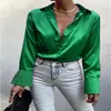 Women's Blouses Satin Long Sleeve Women Tops Vintage Blue Green Silk Shirt Casual Loose Button Up Female Shirts Fashion 2023 Trend