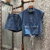 Women Dwuczęściowe spodnie 100%bawełniane denim krótkie zestawy wiosna lato 2 set damski patchwork Topscasual Blue Dżinsy Suits 230608