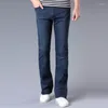 Jeans Masculino Vintage Primavera Verão Fino Casual Flare Zips Skinny Elástico Designer Calças Largas Calças Masculinas de Algodão Magras Preto Azul