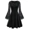 Casual Dresses SD Women Elegant Ladies Velvet Dress Square V-ringning LACE Lång blossad ärm a-line Ruched Front Bodice