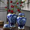 Bouteilles De Stockage Plaqué Or Porcelaine Bleu Et Blanc Réservoir Général Pot De Gingembre Scellé Bocaux Pots De Bonbons Décoration De Bureau Arrangement De Fleurs