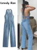 Womens Jumpsuits Rompers Fashion Sleeveless Denim Jumpsuit Women Summer Y2K Halter Backless Long Female Sexy Vneck Blue Straight Overalls 230609