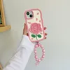 cassa del telefono floreale dei fiori rosa del silicone del fumetto 3D all'ingrosso libero di DHL per l'iphone 14 13 12 Pro Max i11 14pro 13pro 12pro Custodia morbida in gel di silice antiurto + cinturino perlina ragazza
