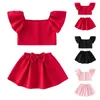 Mädchen Kleider Kinder Kleinkind Baby Mädchen Frühling Sommer Solide Baumwolle Off Schulter Top Fliege Twin Outfits Empfang Decke