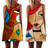 Vestidos Casuais Básicos Verão Feminino Vestido Colete Abstrato Face Art Impresso O-Neck Mangas Minivestido Casual Solto Vestido de Verão Linha A Doce Vestidos 230608