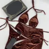 Flanell-Badeanzug, braun, rosa, Bikini, Damenmode, Bademode, Rock, Anzug, auf Lager, dreiteiliges Set, Badeanzüge mit Polsteretiketten