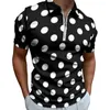 Polos Masculinos Azul Branco Polka Dot Camisetas Casuais Padrão Vintage Polo Camisas Com Zíper Streetwear Roupas Gráficas Masculinas Tamanho Grande