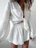 Womens Two Piece Pants Summer Shorts Top Sets Sexy Solid Loose 2 Set White Lantern Sleeve Blouse Shirts Suits Fit Outfits 230608