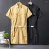 Men's Shorts Fashion Summer Short Sleeve Jumpsuit Men Overalls Lapel Multi Pocket Solid Color Cotton Loose Casual Black Khaki Pants