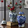 Bouteilles De Stockage Plaqué Or Porcelaine Bleu Et Blanc Réservoir Général Pot De Gingembre Scellé Bocaux Pots De Bonbons Décoration De Bureau Arrangement De Fleurs