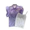 Blusas de mujer dulce perspectiva de organza camisa de manga corta de burbuja moda de mujer verano francés arco gasa Tops blusa ropa K336