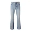 Jeans masculino de alta qualidade azul fino liso emendado flare streetwear grafite patchwork em branco calça jeans com corte de bota