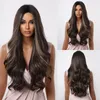 Synthetic Wigs ALAN EATON Middle Part Long Wavy For Women Ombre Dark Brown Highlight Wig Cosplay Daily Party Heat Resistant Hair