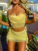 Vestido de duas peças Hirigin Fishnet Mesh Amarelo 2 Conjuntos Sexy Summer Rave Festival Outfits Crop Top E Saias Conjunto 2023 Roupas Femininas