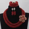 Ketting Oorbellen Set Verbazingwekkende Wijn Afrikaanse Kralen Bruiloft Sieraden Bordeaux Rood Kristal Bloem Broche Bruids WD540