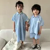 Clothing Sets Summer Brother Sister Outfits Boy Children Solid Short Sleeves Shirts Shorts 2pcs Girl Baby Cotton Casual Denim Princess Dress 230608