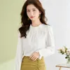 Women's Blouses Casual Solid Color Butterfly Bow Chiffon Shirt Long Sleeve Round Collar All-match Pleated Pullover Top Blouse