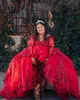 Princess Quinceanera Dresses With Flare Long Sleeve Plus Size Prom Sweet 16 Dress V-Neck Burgundy Lace Sequins Appliques 15 Girls Formal Dress 2023