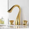 Bathroom Sink Faucets Solid Brass Gold Plated Basin Faucet 3 Hole Double Handle Cold Water Tap European Swan Neck Shaped Taps