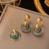 Necklace Earrings Set Retro Luxury Enamel Daisy Round Gold Color Stainless Steel Pendant Hoop For Womens Jewelry Holiday Gift