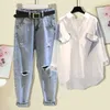 Women's Two Piece Pants Korean Style Elegant Women's Pants Set Loose Casual Chiffon Shirt Pierced Jeans Two-piece Set Outfits Female Blouse Tracksuit 230609