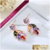 Charm Colorf Pendientes de hoja de circón Color oro rosa Forma de flor Colgante de gota de agua para mujer Joyería nupcial de la boda Entrega Dhh1B