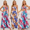 Robes Décontractées D'été Taille Haute Boho Robe Sexy Plante Et Fleur Imprimé Mince Trompette De Mode Sans Manches Deux Pièces Costume Vestidos 25264