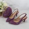 Dress Shoes 2023 Arrival Heart Rose Purple Bling Pointed Toe Wedding And Bag Woman High Pumps Thin Heel Party Slingbacks