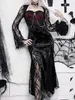 Podstawowe sukienki swobodne Altgoth Vintage Mall Gothic Lace Dress Women Streetwear Harajuku High Slit Velvet Maxi Sukienka Y2K Aesthetic Grunge szatę 230609