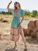 Happie Queens femmes imprimé fleuri plage bohème rayonne Maxi robes dames col en V bouton Boho robe plissée