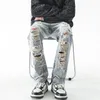 Jeans da uomo High Street Fashion Brand Pantaloni slim dritti strappati Pantaloni con cerniera sul fondo per uomo