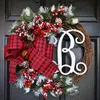 Dekorativa blommor kransar jul konstgjord bokstav krans hängande röd rutig girland ornament xmas party främre dörr väggdekorationer h