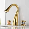 Bathroom Sink Faucets Solid Brass Gold Plated Basin Faucet 3 Hole Double Handle Cold Water Tap European Swan Neck Shaped Taps