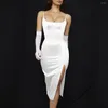 Robes décontractées Sexy soirée pour femmes col carré haute fente ouverte sac à dos hanche fronde mi jupe robe blanche vêtements de mode