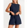 Kvinnors blusar Fashion Solid Two Piece Suit Casual Loose Summer Sleeveless Blus O-Neck Tops High midjefickan Drawstring Shorts Pant