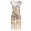 Scenkläder 2023 Summer Dress Vintage 1920s Flapper Great Gatsby O-Neck Cap Sleeve Sequin Fringe Party Midi Vestidos Verano