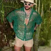 Erkekler Sıradan Gömlekler Yeşil İçi Boş Dantel Erkekler İçin Plaj Giymek Kısa Kollu Şeffaf Seksi Bluzlar Adam Yaz Tatil Erkek Tasarım Kıyafetleri Üstleri