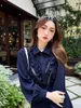 Basic & Casual Dresses Designer High end Early Autumn Elegant Black Fungus Lace Spliced Navy Blue Dress 5GPH