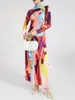 Robes de travail Miyake plissé dessin animé imprimé deux pièces ensemble femmes mode décontracté élégant à manches longues t-shirts hauts jupes de soleil amples