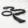 Collier Boucles D'oreilles Ensemble 6 MM 8 MM Lava Noir Mat Polonais Perle Bracelet Prière Méditation Gland Pendentif BanglesPulsera Bijoux