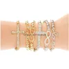 Bärade smycken Gold Sier 6mm pärlor Cross Armband för kvinnor Söta FL Crystal Infinity Charms Justerbar streckkelett grossist dropp Deli DHGFA