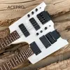 Guitare électrique sans tête à double cou de couleur blanche Tremolo Bridge Guitare 6 cordes + Combo basse 4 cordes 24 frettes Matériel noir