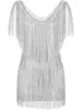 Robes décontractées Wankitoi Femmes Gland Scintillant Sexy Sans Manches Col En V Latin Mini Robe De Cocktail Dos Nu Sequin Fringe Club