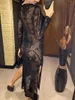 Casual Dresses Deep V Dress Soe Up Long Sleeve Women Split Maxi Crochet Sticked Tunic Mesh Sheer Sexy BodyCon Vestido V4146B