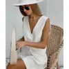 Women's Tracksuits Cotton Linen Vest Shorts White Blue Sets Sleeveless Button V-Neck Waistcoat 2 Pieces Set 2023 Womens Elegant Top Suits