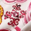 2023 Summer Red Paisley Print Bawełna sukienka z koralikami Krótkie rękawa okrągła szyja kryształa krótkie sukienki S3L070608