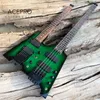 Guitare électrique sans tête à double cou Green Burst Flamed Maple Tremolo Guitare 6 cordes + Combo basse 4 cordes Matériel noir